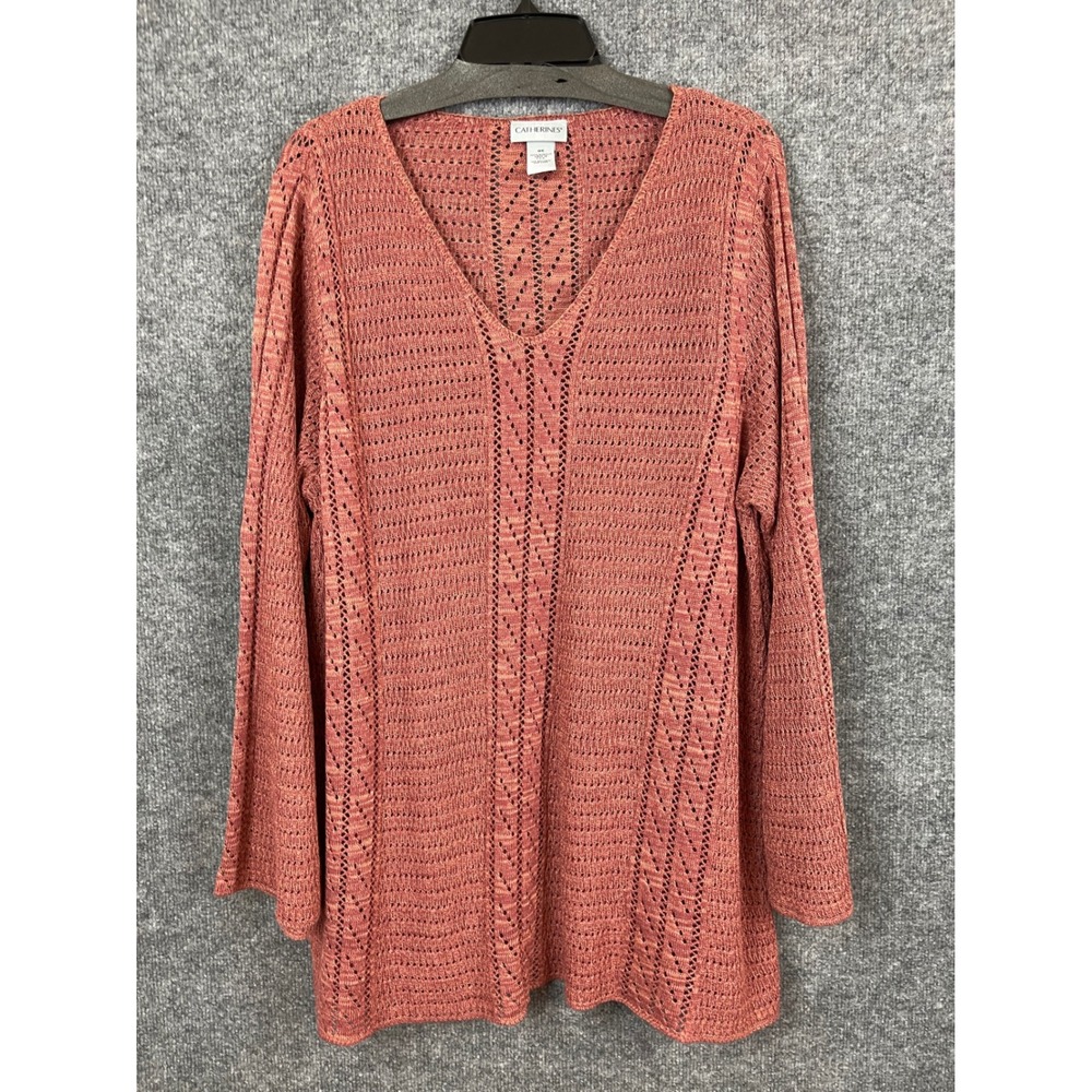 Catherines V-Neck Sweater Womens 0X Pink Excellent Pointelle Knit Bell Sleeve
